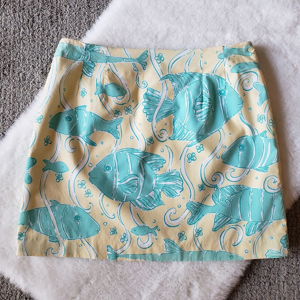 Lilly Pulitzer Vintage White Label South Ocean Blvd Skirt Green Yellow Fish Sz 8